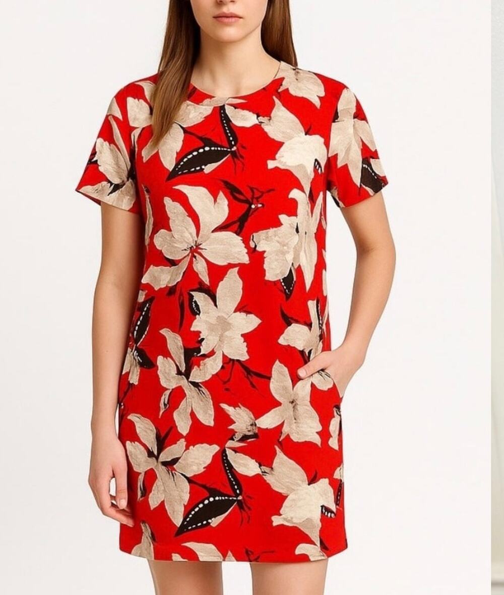 Abercrombie & Fitch Red Gray Floral Short Sleeve Shift Mini Dress Womens Large